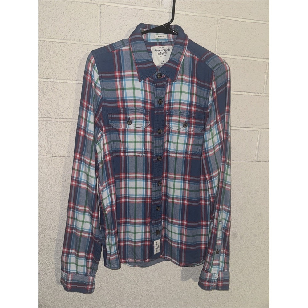 Vtg 90s ABERCROMBIE FITCH Flannel Shirt Red/blue Plaid Muscle Fit 100%cotton
